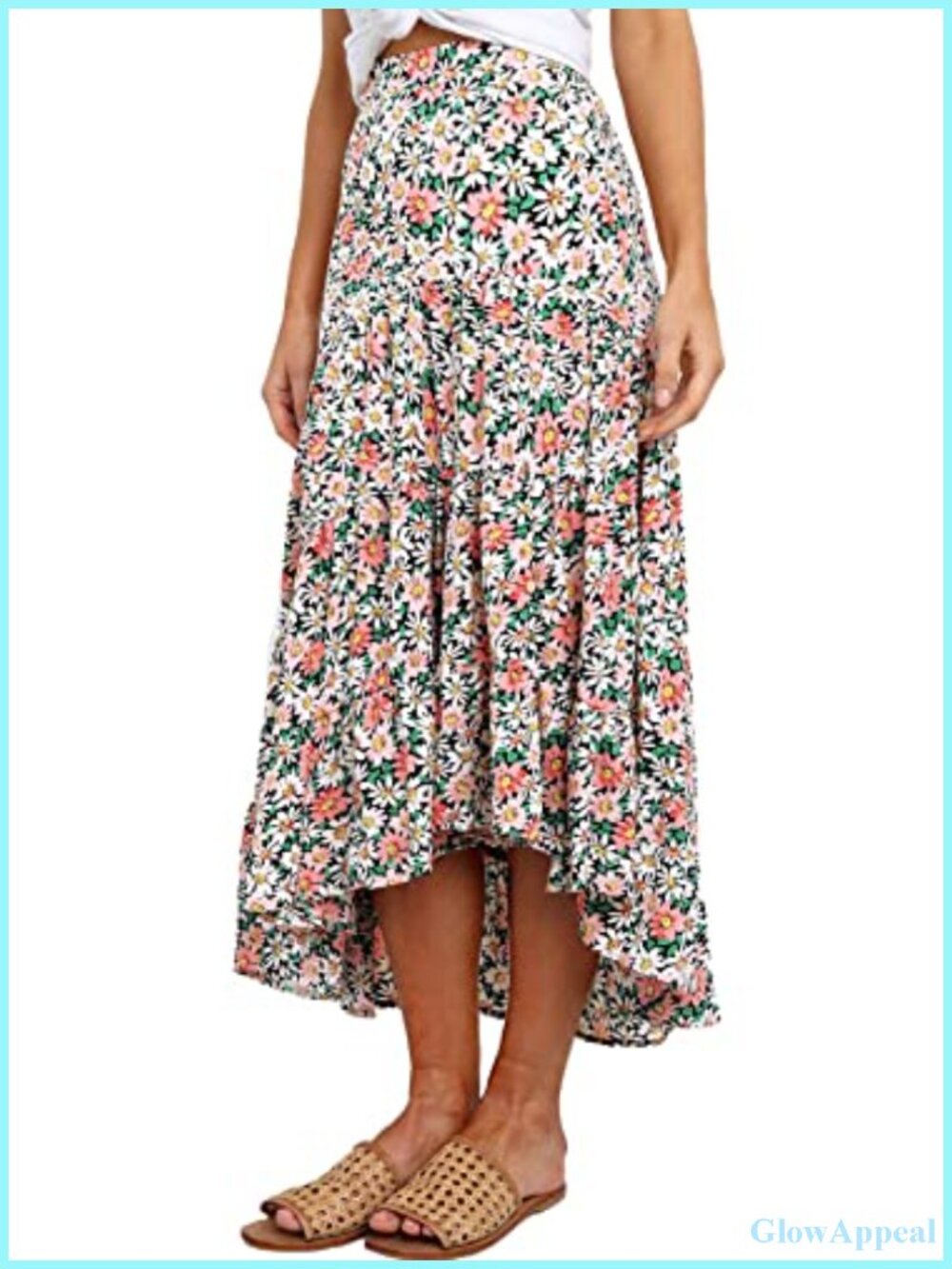 Women's Boho Floral High Waist Asymmetrical Midi Skirt